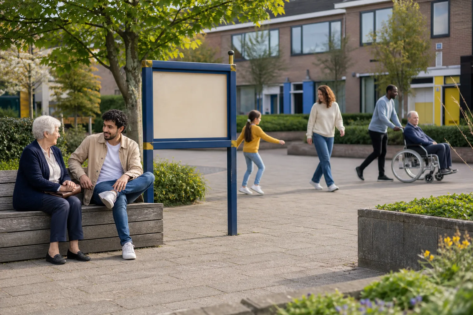 Mensen ontmoeten elkaar op een toegankelijk buurtplein met een lege informatiekast