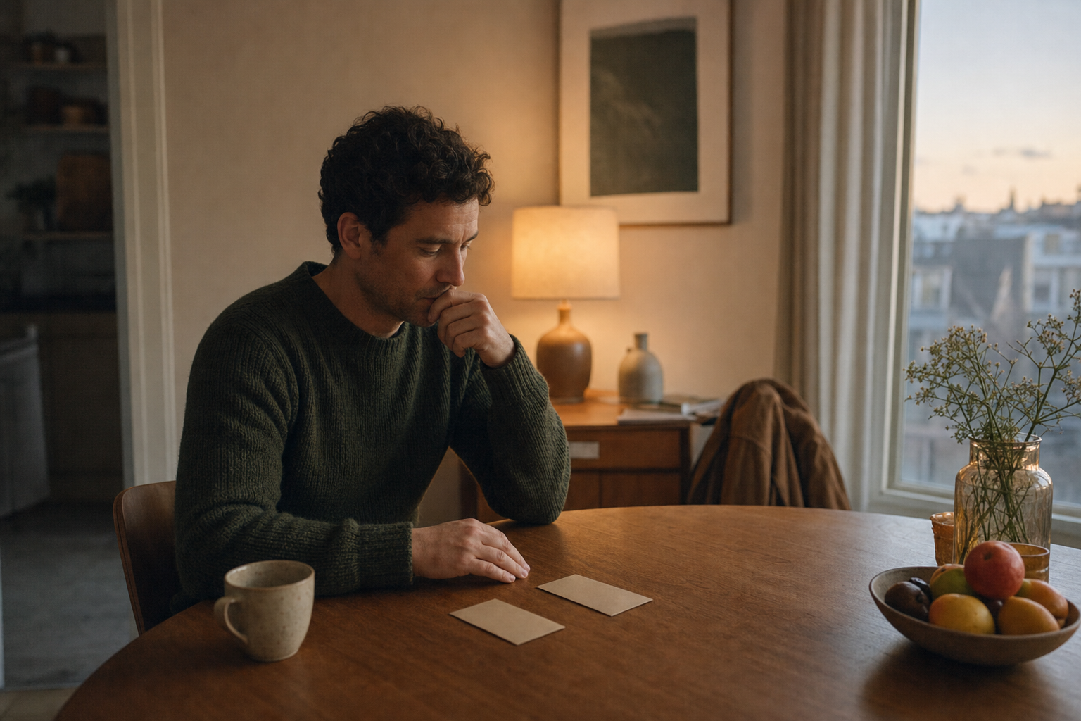 Een man denkt aan een tafel rustig na over twee mogelijke keuzes